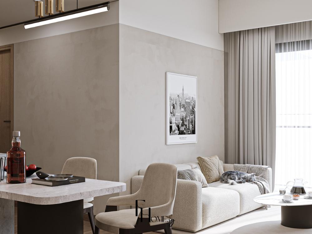 Phòng khách tràn ngập ánh sáng tự nhiên từ cửa sổ lớn, kết hợp với đèn trang trí ấm áp