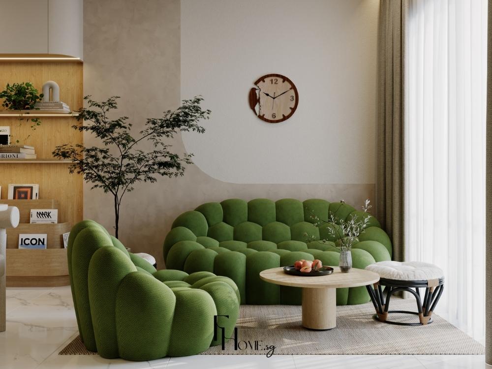 Phòng khách trong chung cư 60m² với sofa đa năng và ánh sáng tự nhiên