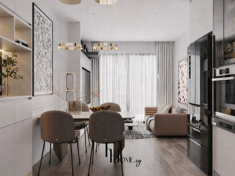 Phòng khách và bàn ăn chung cư 50m2 2 phòng ngủ với hệ tủ trắng kệ hở đèn LED vàng, bàn ăn bầu dục trắng ghế nỉ nâu xám và cụm 3 đèn thả vòng tròn mạ vàng đồng
