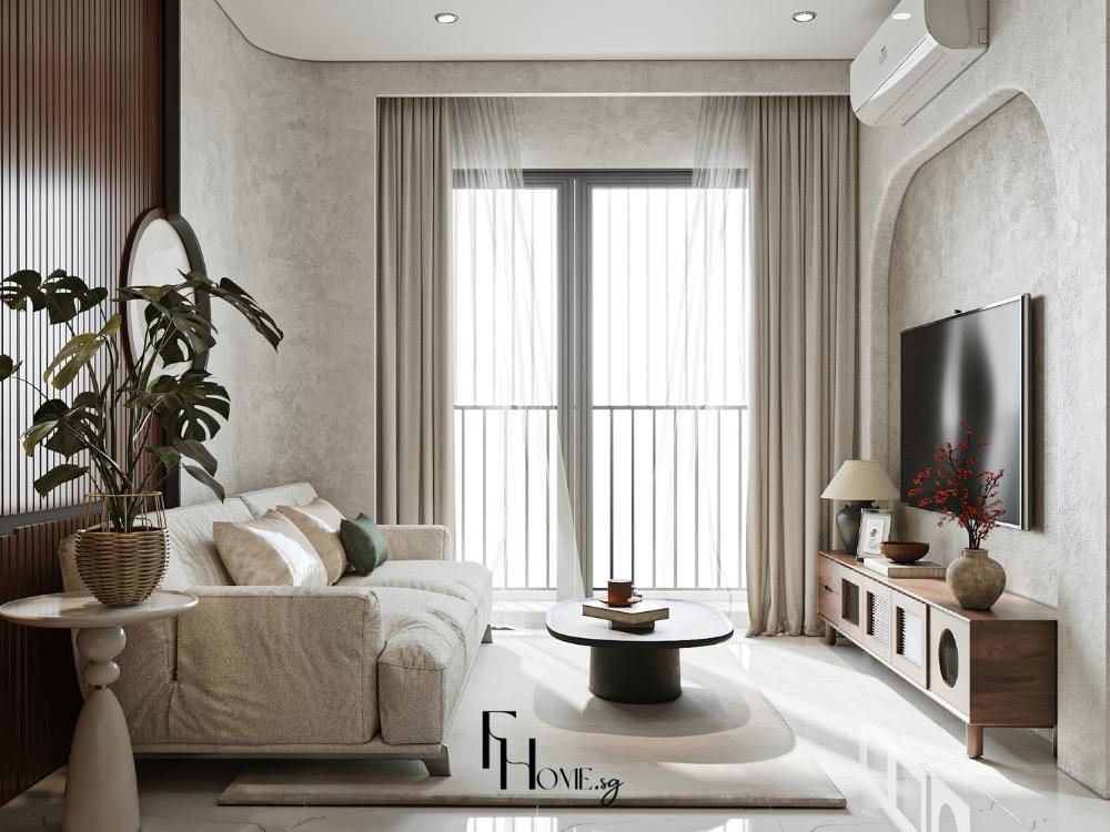 Phòng khách với bộ sofa tông màu trắng sang trọng 