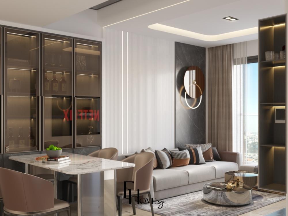 Phòng khách với bộ sofa trắng đường nét vuông vắn, bàn cà phê kính, tường trắng và cửa sổ lớn tạo ánh sáng tự nhiên