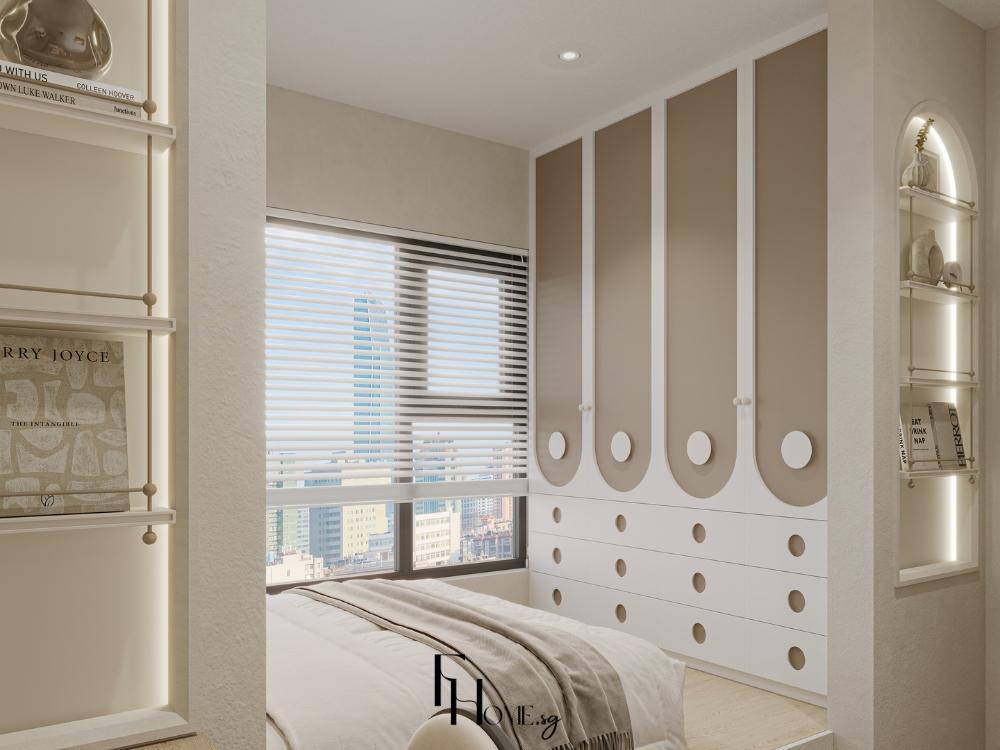 Phòng khách với cửa sổ lớn, ánh sáng tự nhiên chiếu vào, làm nổi bật bề mặt gỗ thô và đá tự nhiên