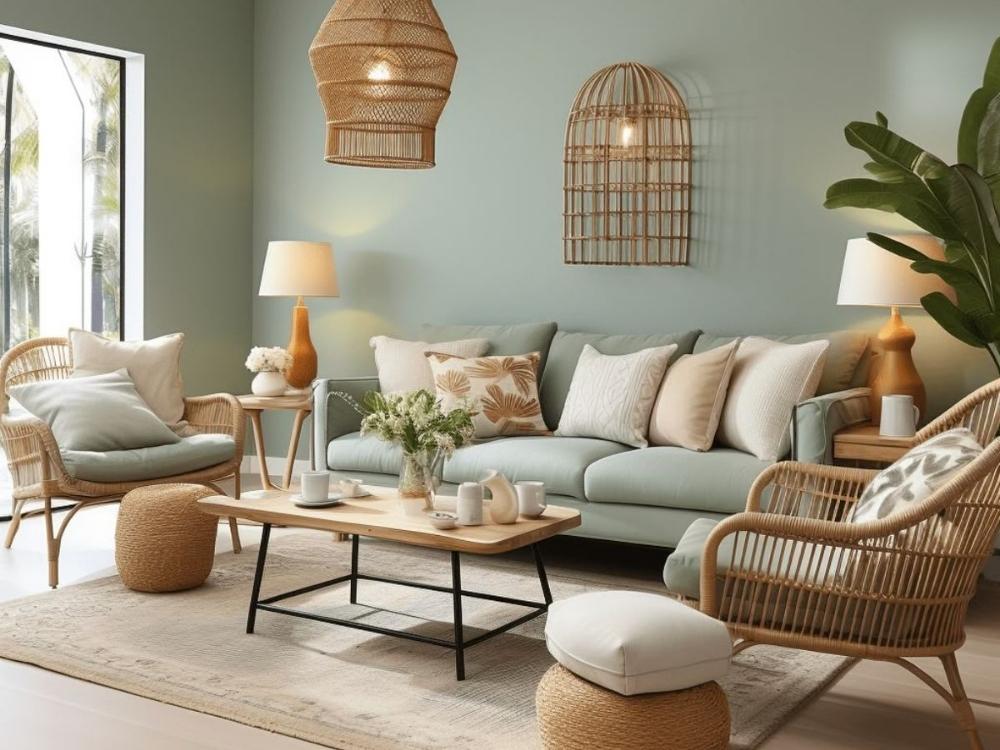 Phòng khách với gam màu tươi sáng rực rỡ, điểm nhấn vàng chanh và xanh mint trên nền trắng