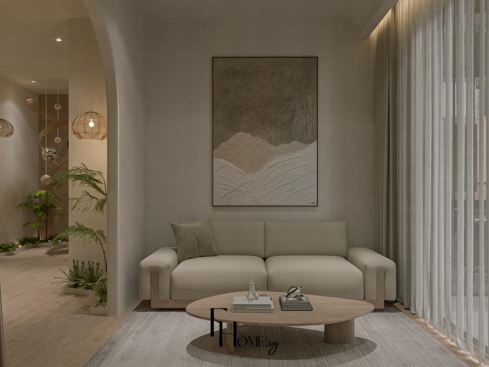 Phòng khách với ghế gỗ đệm lanh, bàn cà phê gỗ thông, cây xanh và ánh sáng được bố trí phù hợp