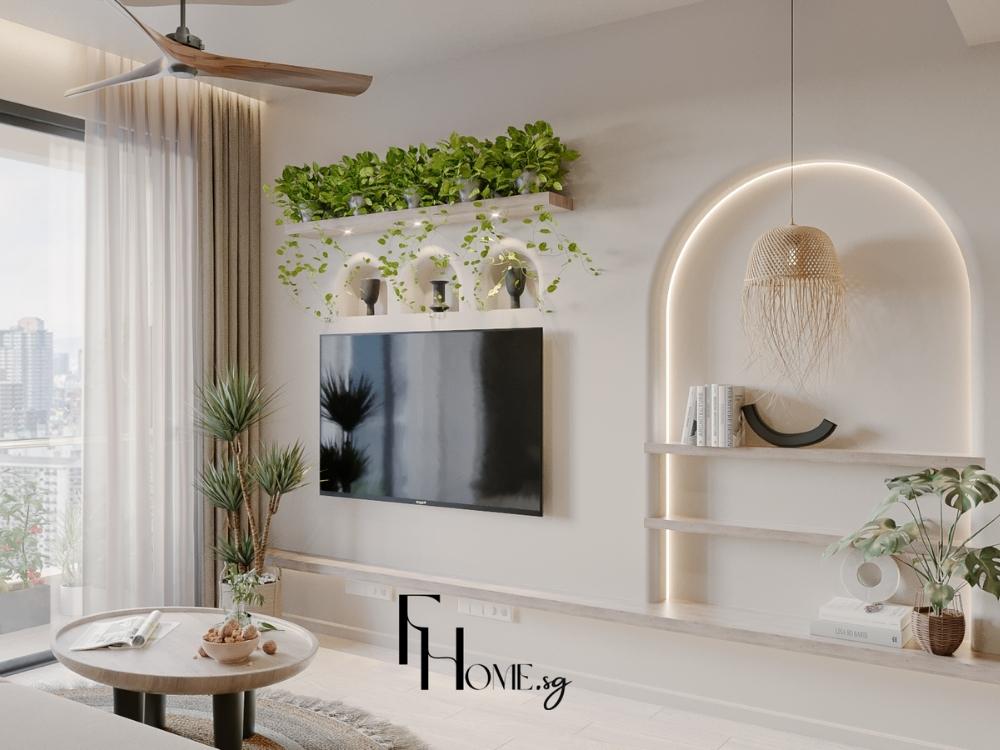 Phòng khách với kệ tivi làm điểm nhấn, sử dụng gam màu sáng mang lại cảm giác rộng mở và tinh tế