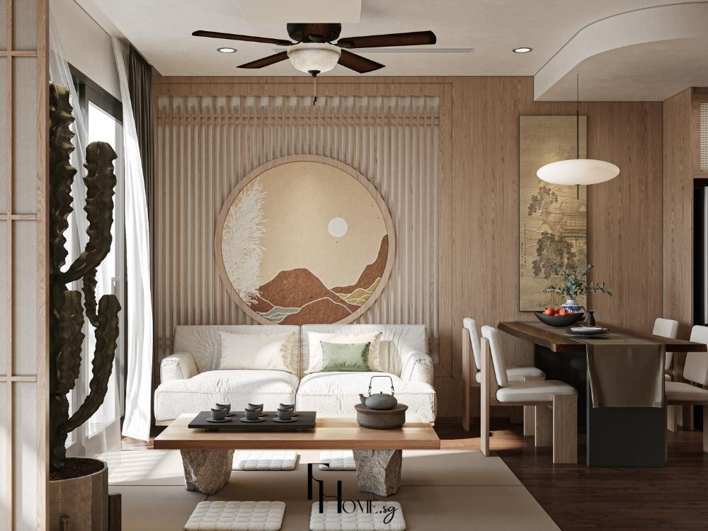 Phòng khách với sofa và tủ kệ làm từ gỗ sồi, mang đến không gian ấm cúng và sang trọng