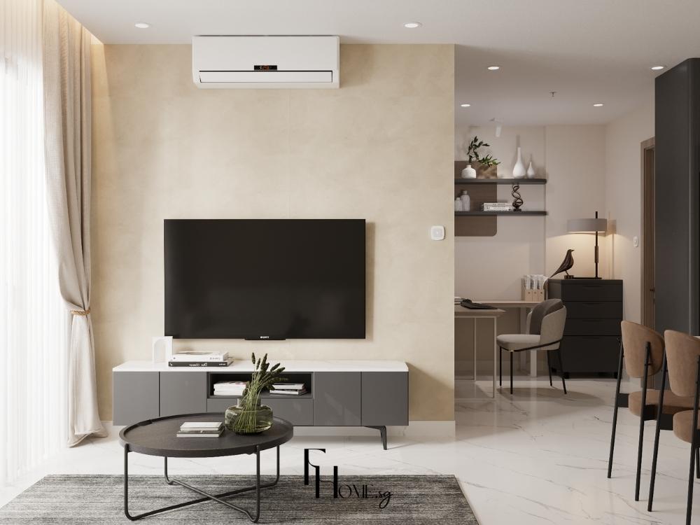 Phòng khách với tông màu vàng nhạt kết hợp tivi treo tường