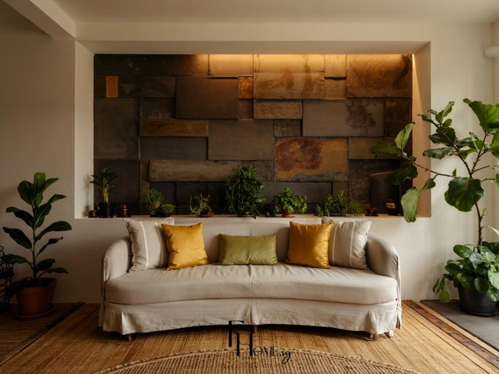 Phòng khách với tông xanh trun tính kết hợp chất liệu tự nhiên như gỗ