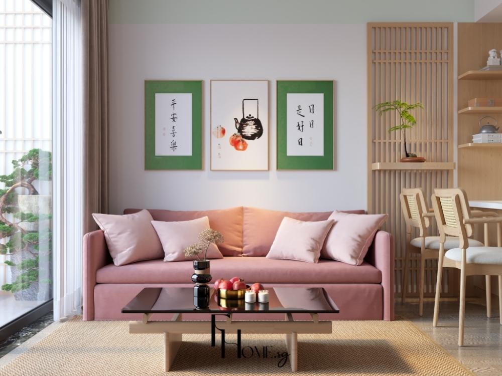 Phòng khách phong cách Japandi với sofa gỗ tự nhiên, bàn trà đơn giản và đèn chiếu sáng tạo không gian thoải mái và sang trọng