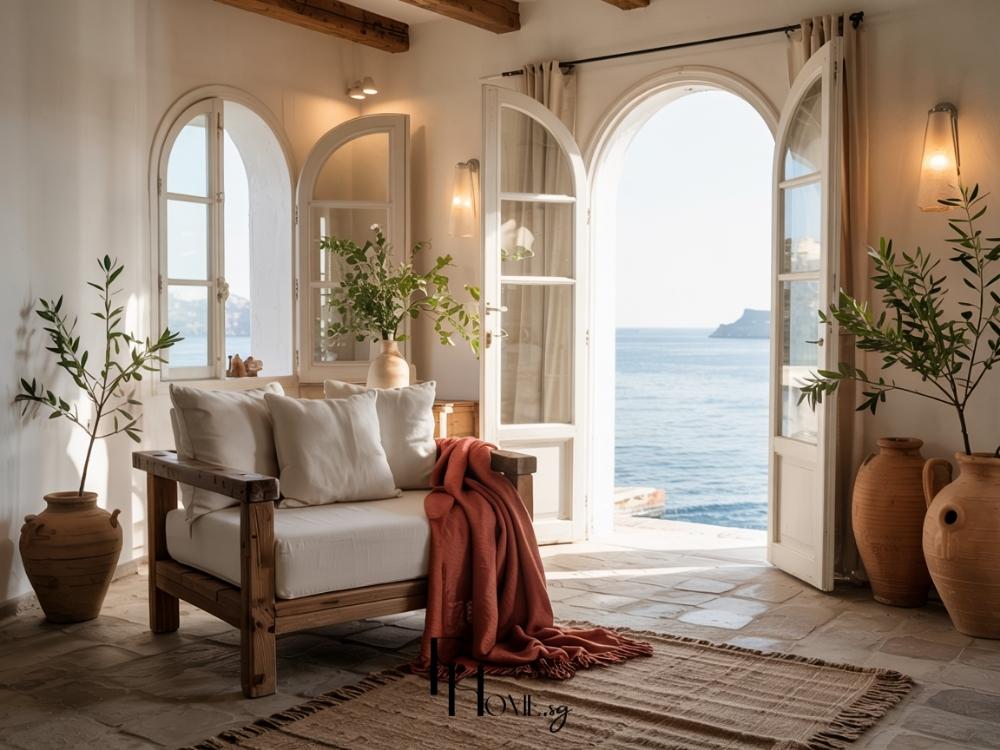 Phòng khách với vòm đá, ghế gỗ đệm lanh trắng, bàn sắt rèn và gốm terracotta