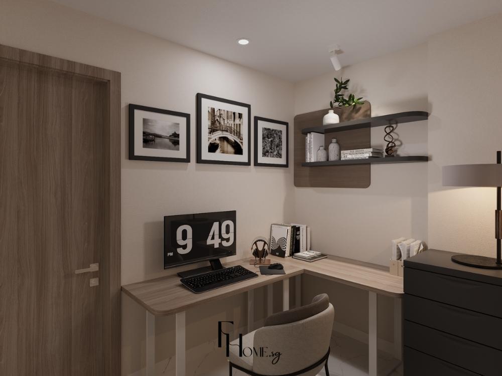 Phòng làm việc chung cư 45m² tông màu trắng trung tính