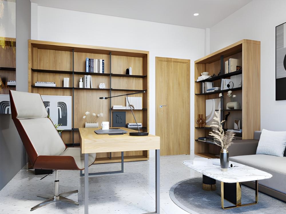 Phòng làm việc nhà phố với hệ thống cách âm, bàn làm việc gần cửa sổ và ghế ergonomic