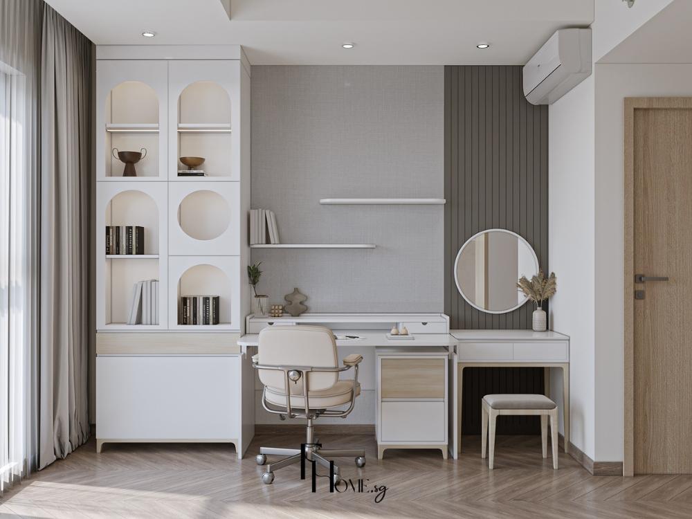 Phòng làm việc phong cách Hiện đại với ghễ xoay cao cấp tủ trắng gọn gàng