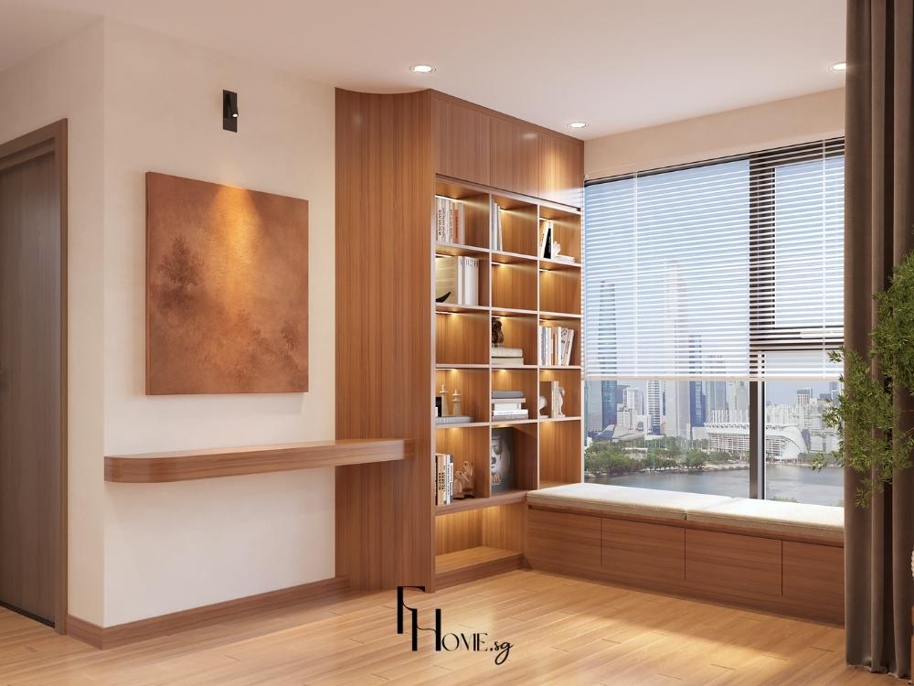 Phòng làm việc phong cách Nhật Bản với kệ sinh âm tường tinh gọn