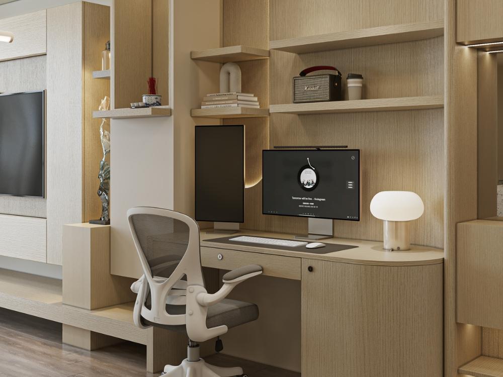 Phòng làm việc phong cách Tối giản với bàn gọn gàng, kệ treo tường và ánh sáng tự nhiên