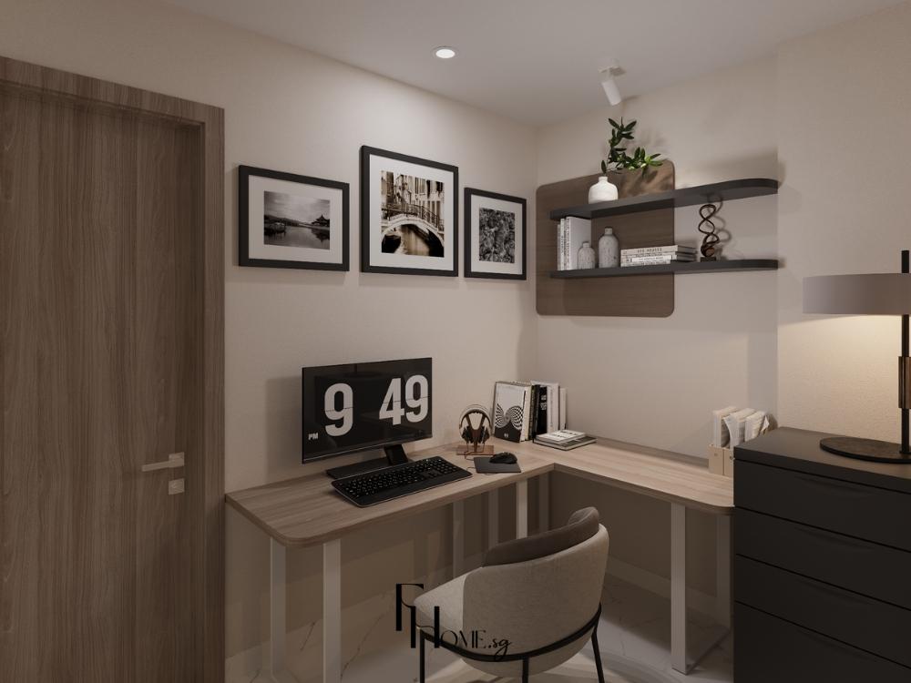 Phòng làm việc phong cách tối giản tông màu trắng với bộ bàn ghế gỗ 