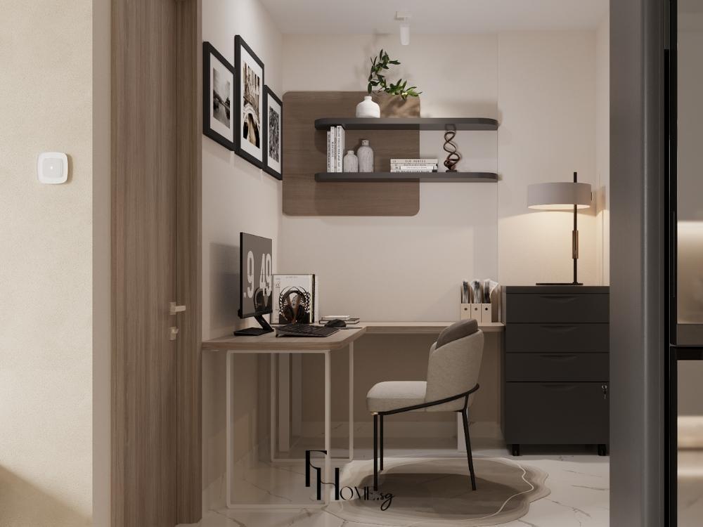 Phòng làm việc phong cách tối giản với tông màu trắng chủ đạo 