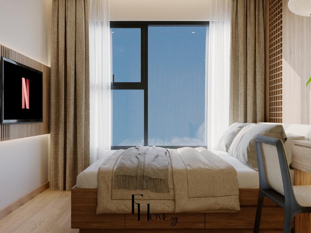 Phòng ngủ 10m² phong cách Japandi tối giản với giường queen size rộng rãi