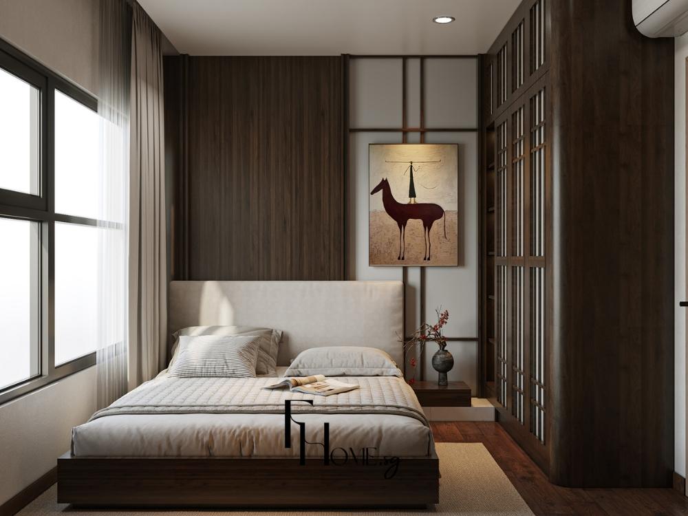 Phòng ngủ 12m² phong cách Wabi-Sabi với giường king size bọc nỉ cùng chất liệu gỗ