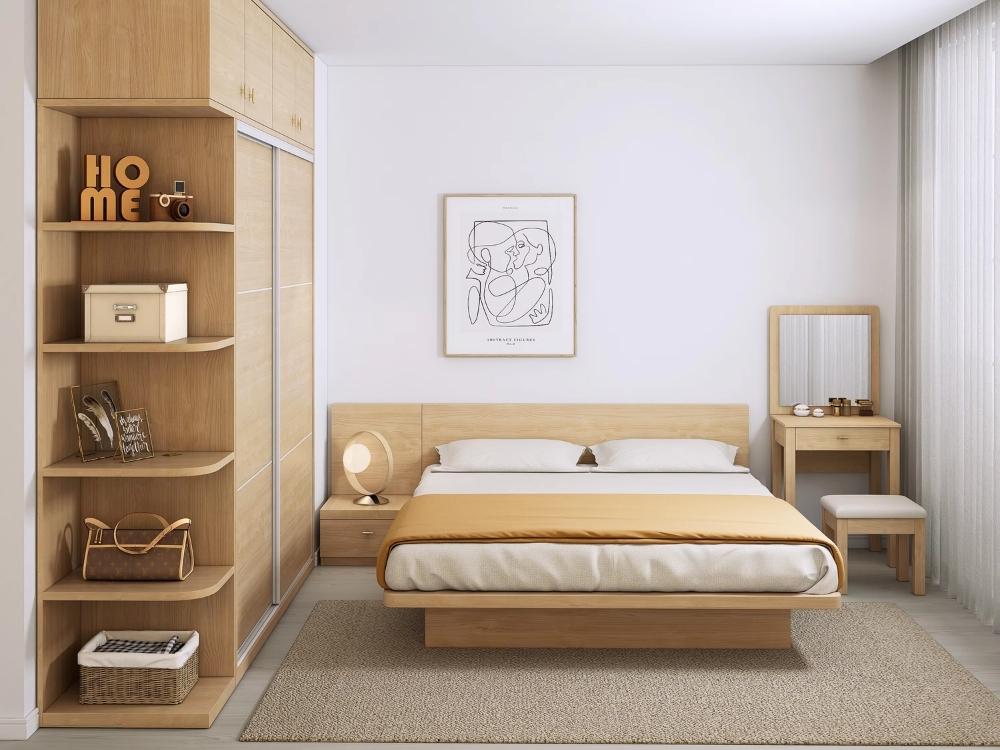 Phòng ngủ 13m² sử dụng tông màu trắng ngà, nâu gỗ và xám đá, cân bằng giữa trống và đầy