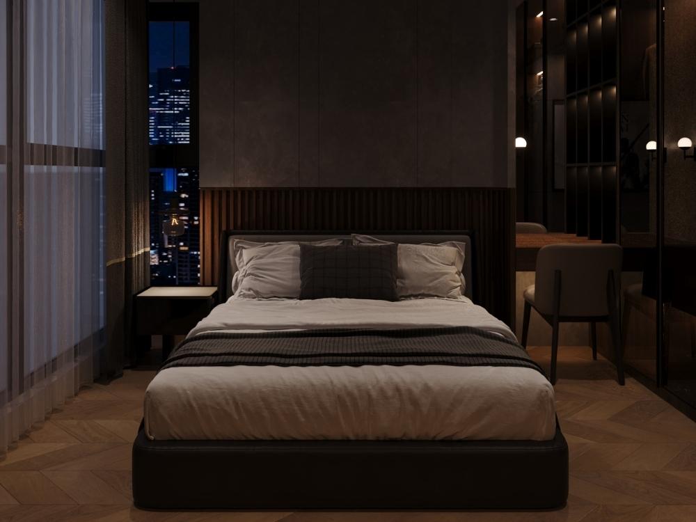 Phòng ngủ 14m² phong cách Luxury với giường tích hợp hệ thống nâng thủy lực, chất liệu da cao cấp và gỗ veneer