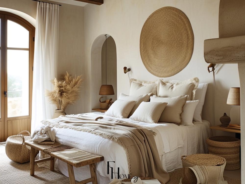 Phòng ngủ Farmhouse chọn giường gỗ tự nhiên với đầu giường cao, ga trải giường vải cotton trắng tinh khiết