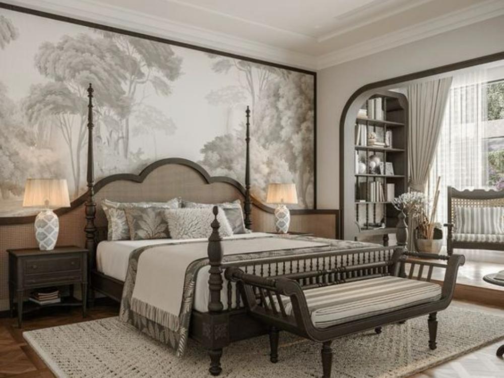 Phòng ngủ Indochine sử dụng gam kem ấm áp, điểm nhấn nội thất gỗ, tạo không gian nghỉ ngơi mộc mạc