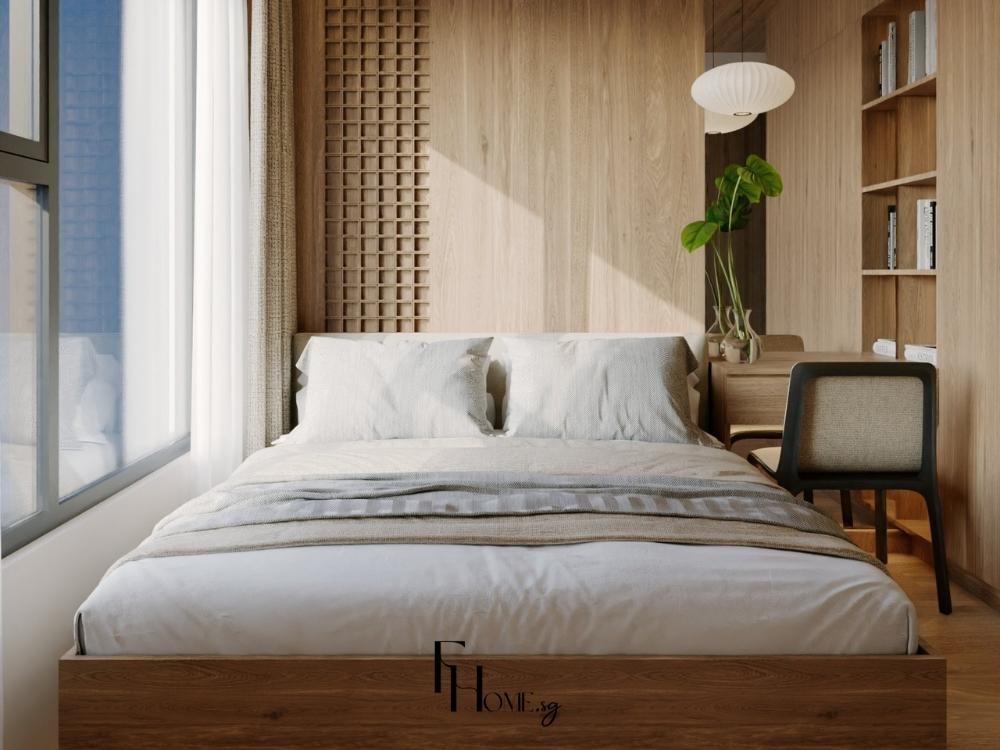 Phòng ngủ Japandi tinh giản với giường gỗ thấp, ga vải lanh màu be và ánh sáng tự nhiên dịu nhẹ