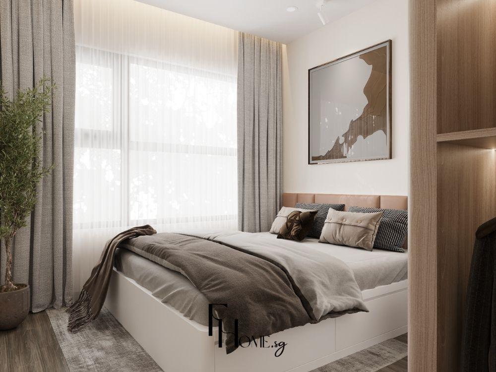 Phòng ngủ Japandi tối giản, sử dụng gỗ sồi và màu be nhẹ, tạo nên không gian tĩnh tại và hài hòa