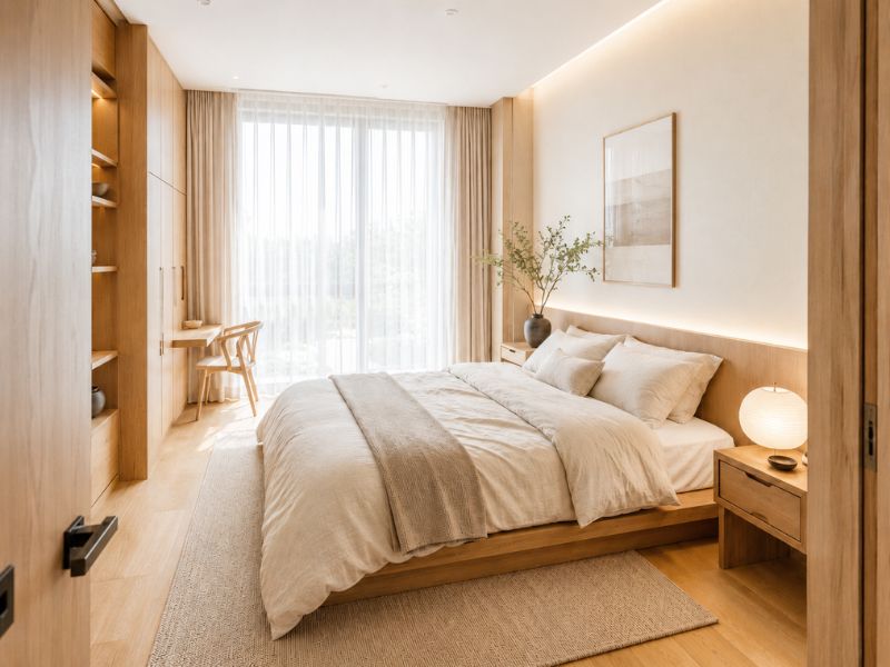Phòng ngủ Japandi trong phong cách thiết kế nội thất chung cư với giường gỗ thấp, rèm mỏng và ánh sáng tự nhiên dịu nhẹ