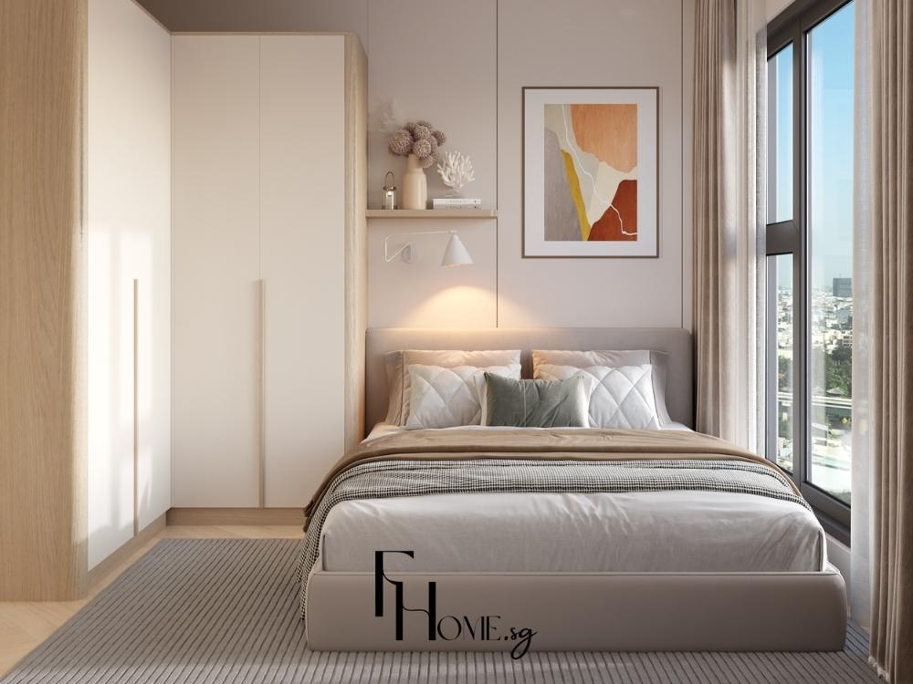 Phòng ngủ Minimalism với bảng màu trung tính, nội thất gọn gàng và thiết kế sạch sẽ, tinh tế