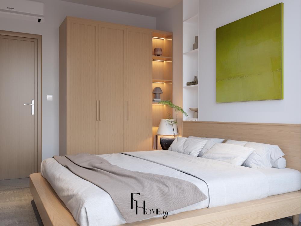 Phòng ngủ Nhật Bản tối giản với giường gỗ thấp, màu sắc trung tính và ánh sáng tự nhiên nhẹ nhàng