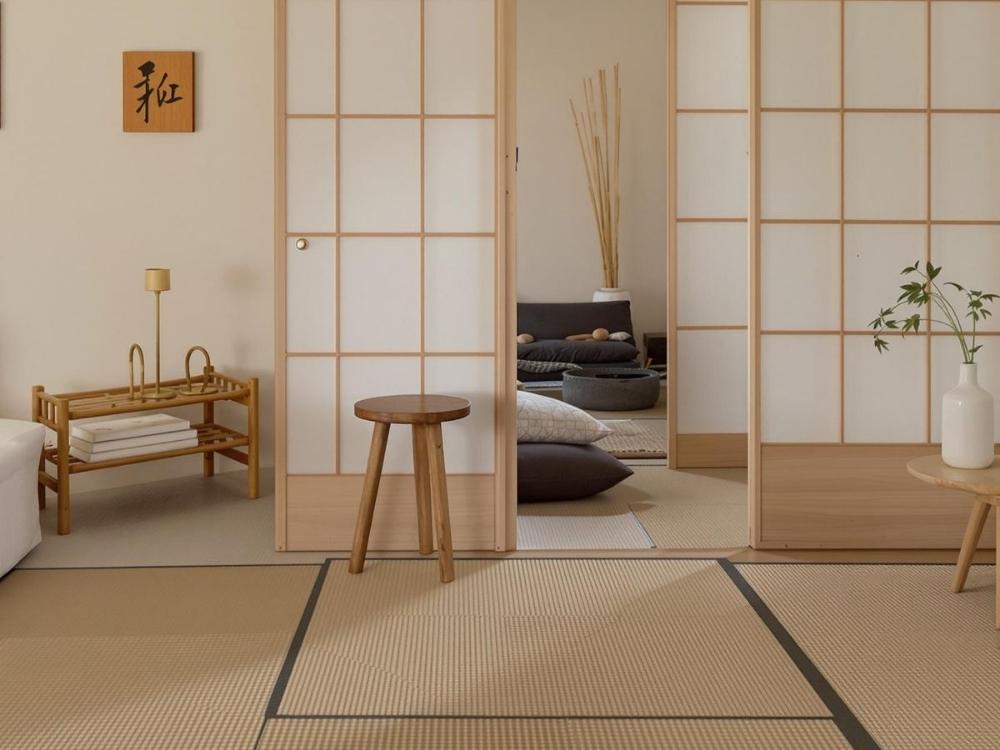 Phòng ngủ Nhật Bản với chiếu Tatami cói tự nhiên, tạo không gian thư giãn và thoải mái