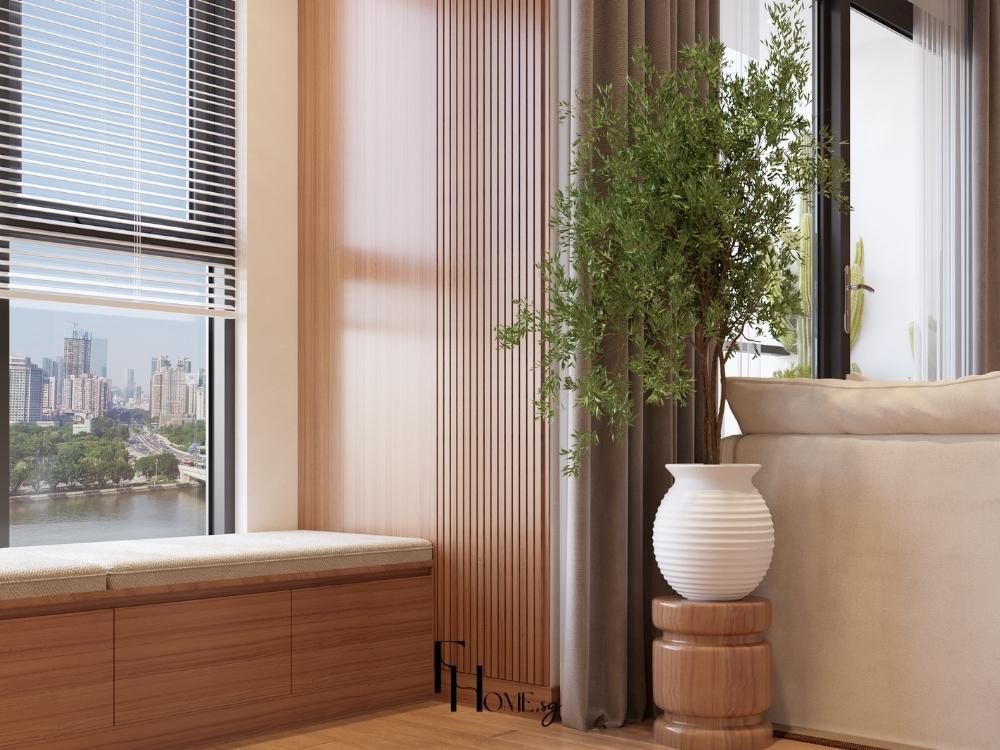 Phòng ngủ Nhật Bản với cửa sổ lớn đón ánh sáng tự nhiên kết hợp cây lá rộng