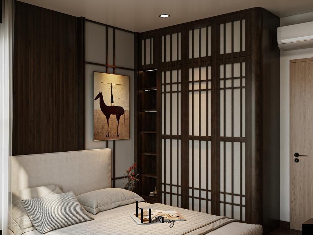 Phòng ngủ Nhật Bản với nội thất gỗ tự nhiên, tre và mây mang đến cảm giác ấm cúng, thư thái