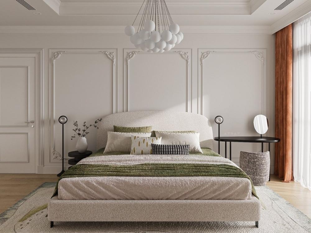 Phòng ngủ Tân cổ điển kết hợp đường nét đối xứng, bảng màu xám tinh thế