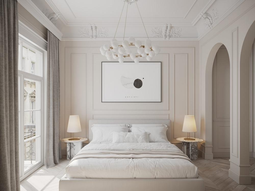 Phòng ngủ Tân cổ điển mang vẻ lãng mạn và quyền quý, nhấn bằng nội thất gỗ tự nhiên và chi tiết mạ vàng