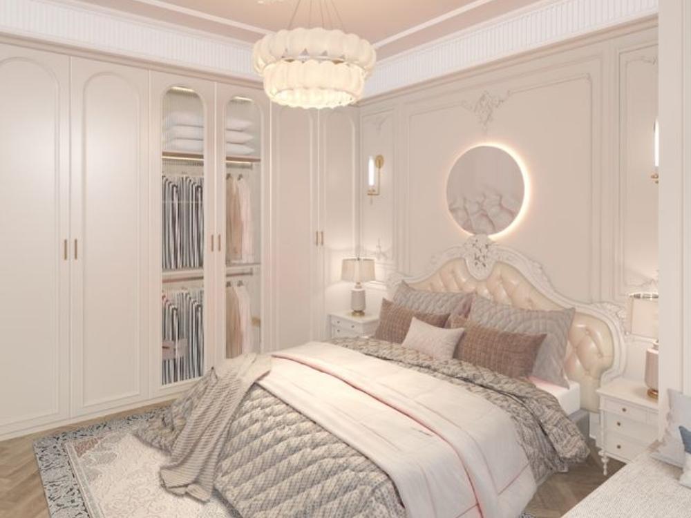 Phòng ngủ Tân cổ điển với giường gỗ tự nhiên, các chi tiết mạ vàng và màu sắc nhẹ nhàng, tạo không gian nghỉ ngơi sang trọng, thanh thoát.