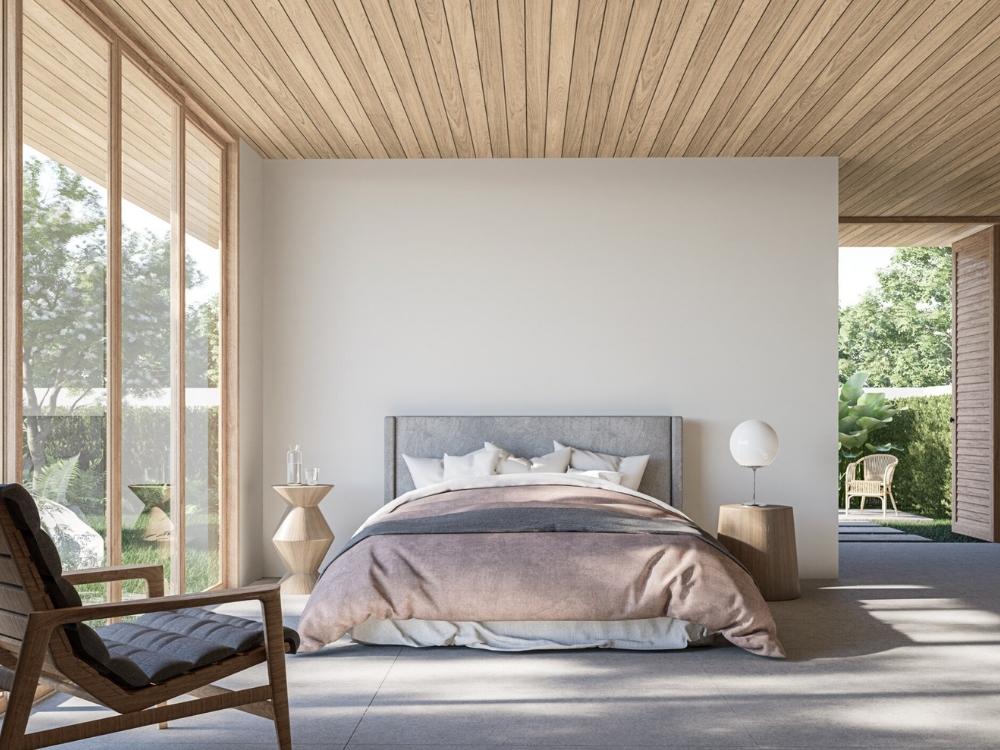 Phòng ngủ Tropical Modern sử dụng tông màu nhiệt đới và nội thất tối giản, mang đến sự thư giãn, hiện đại nhưng vẫn gần gũi thiên nhiên