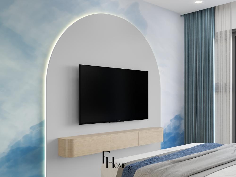 Phòng ngủ Tropical với tường màu xanh dương chủ đạo