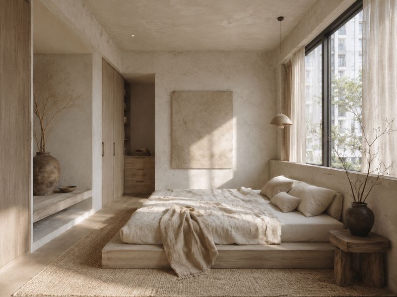 Phòng ngủ Wabi Sabi trong phong cách thiết kế nội thất chung cư với giường thấp, tường hiệu ứng thô và ánh sáng tự nhiên dịu nhẹ