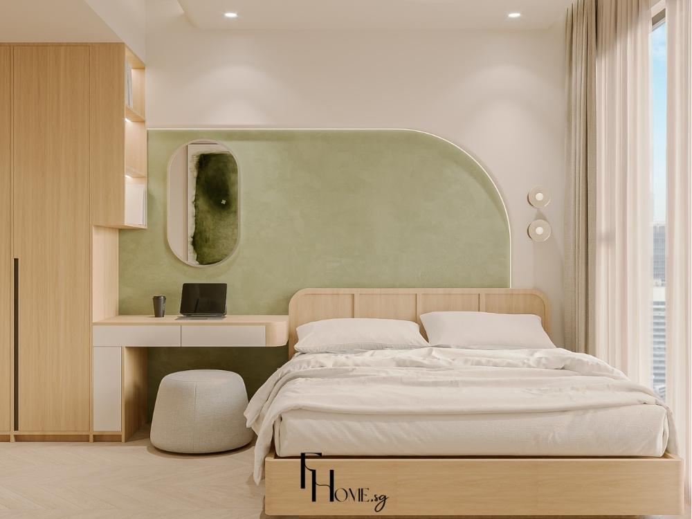 Phòng ngủ Wabi Sabi với giường gỗ sồi, tông màu chủ đạo là trắng và xạnh nhạt