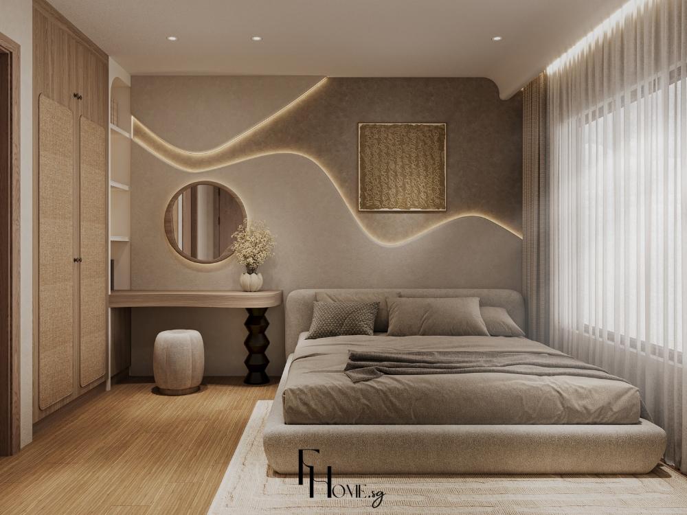 Phòng ngủ Wabi Sabi với giường gỗ thấp, ga cotton trắng, tủ đầu giường đơn giản và đèn led