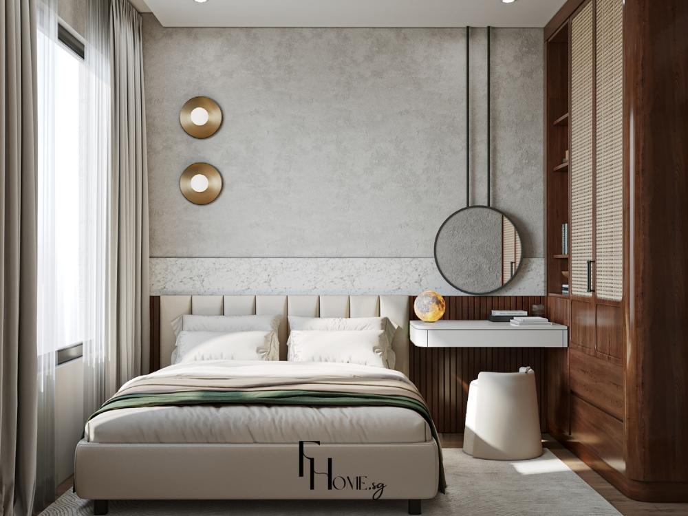 Phòng ngủ phong cách Wabi Sabi với giường gỗ tự nhiên, chăn ga trầm màu