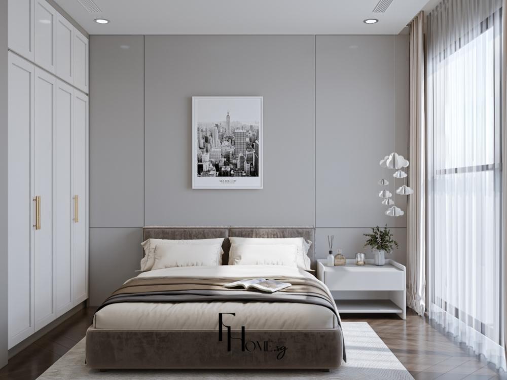 Phòng ngủ phong cách hiện đại với giường bọc vải, tủ âm tường và đèn chiếu sáng
