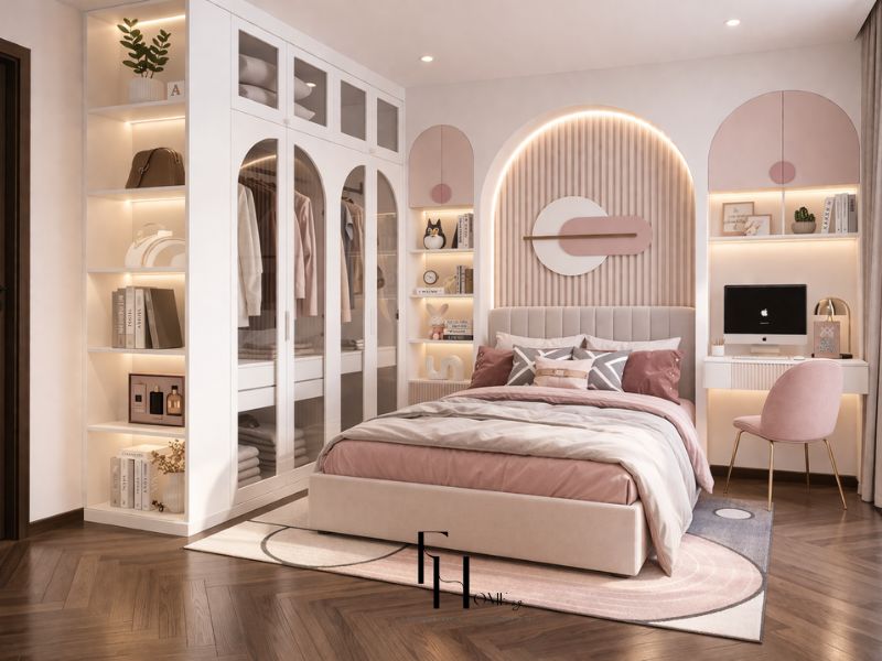 Phòng ngủ bé gái chung cư 100m2 luxury tông hồng pastel vòm LED đầu giường tủ kính cung cong và góc học bài