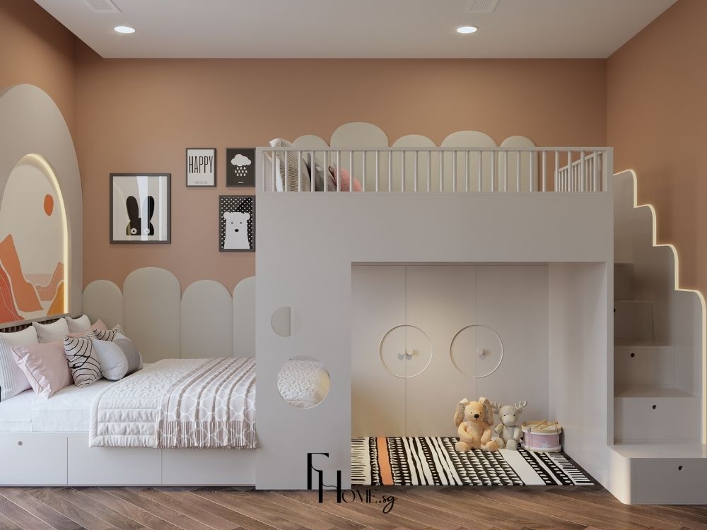 Phòng ngủ bé gái chung cư 80m2 với giường tầng, màu sắc nhẹ nhàng