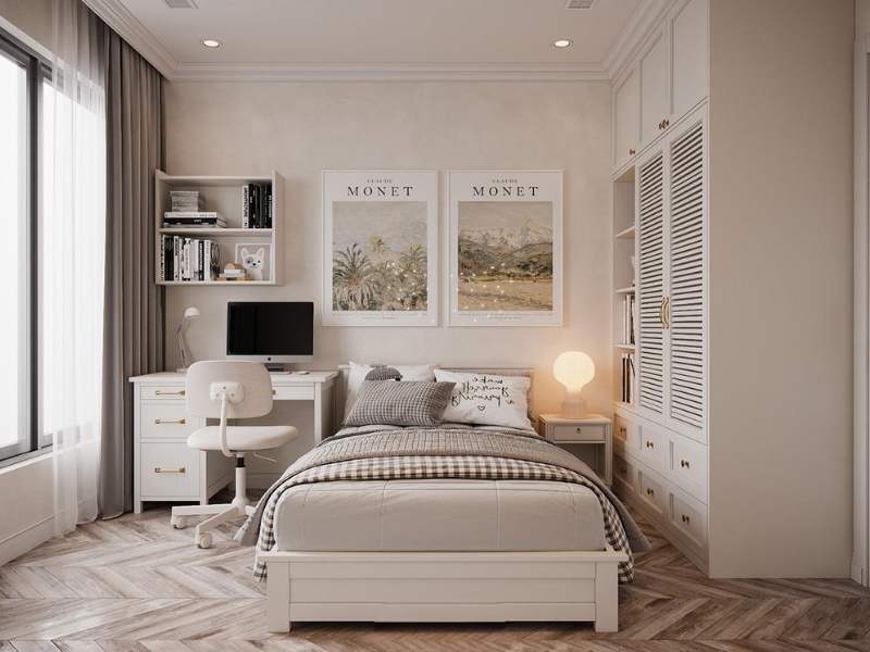 Phòng ngủ bé gái lớn với góc học tập và tranh Monet treo tường