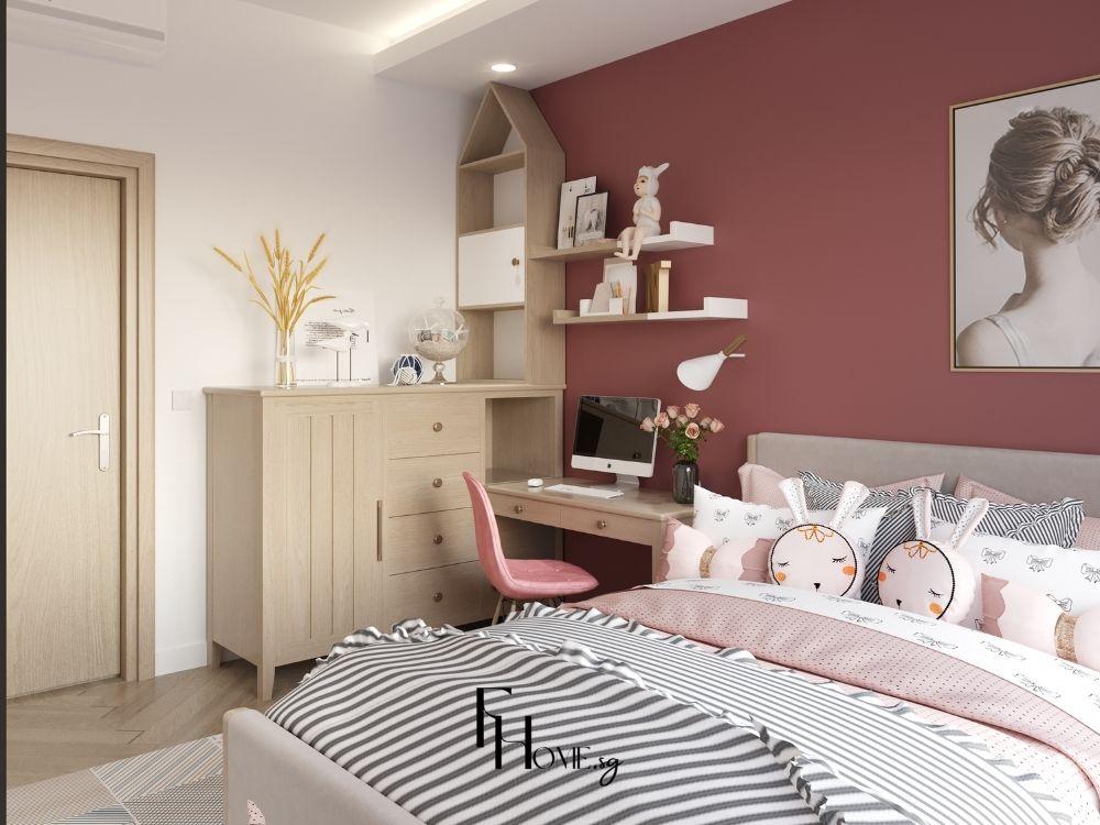 Phòng ngủ bé gái trang trí giấy dán tường hoạt hình, kết hợp màu hồng và trắng tạo cảm giác đáng yêu, ấm áp