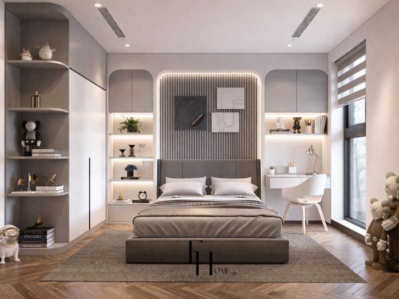 Phòng ngủ bé trai chung cư 100m2 luxury hệ kệ xám góc cong LED tường lam dọc viền sáng và góc học bài tích hợp